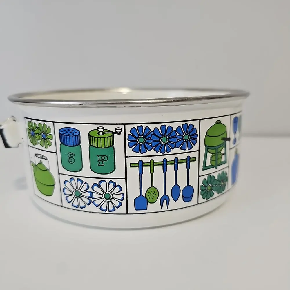 vintage MCM Enamelware Pot Retro 70s Fower Power Cookware Green Blue